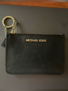 Michael Kors Black Leather Zip Card Holder with Gold Keyring